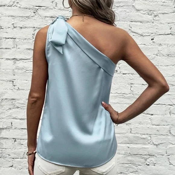 Satin silky one shoulder bow blouse tank top light pink - Picture 4 of 11